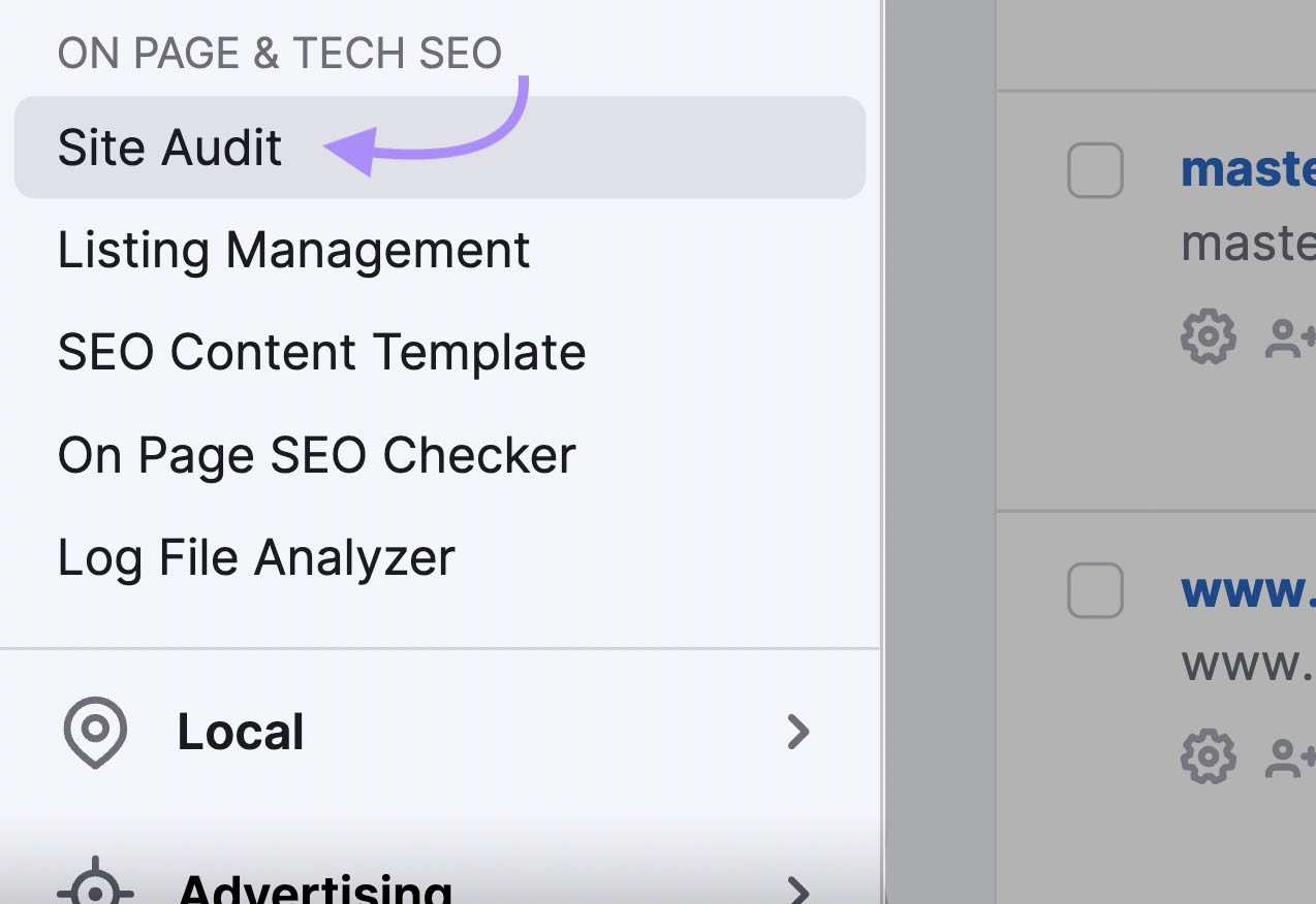 Navigating to 现场审核 tool in the Semrush menu