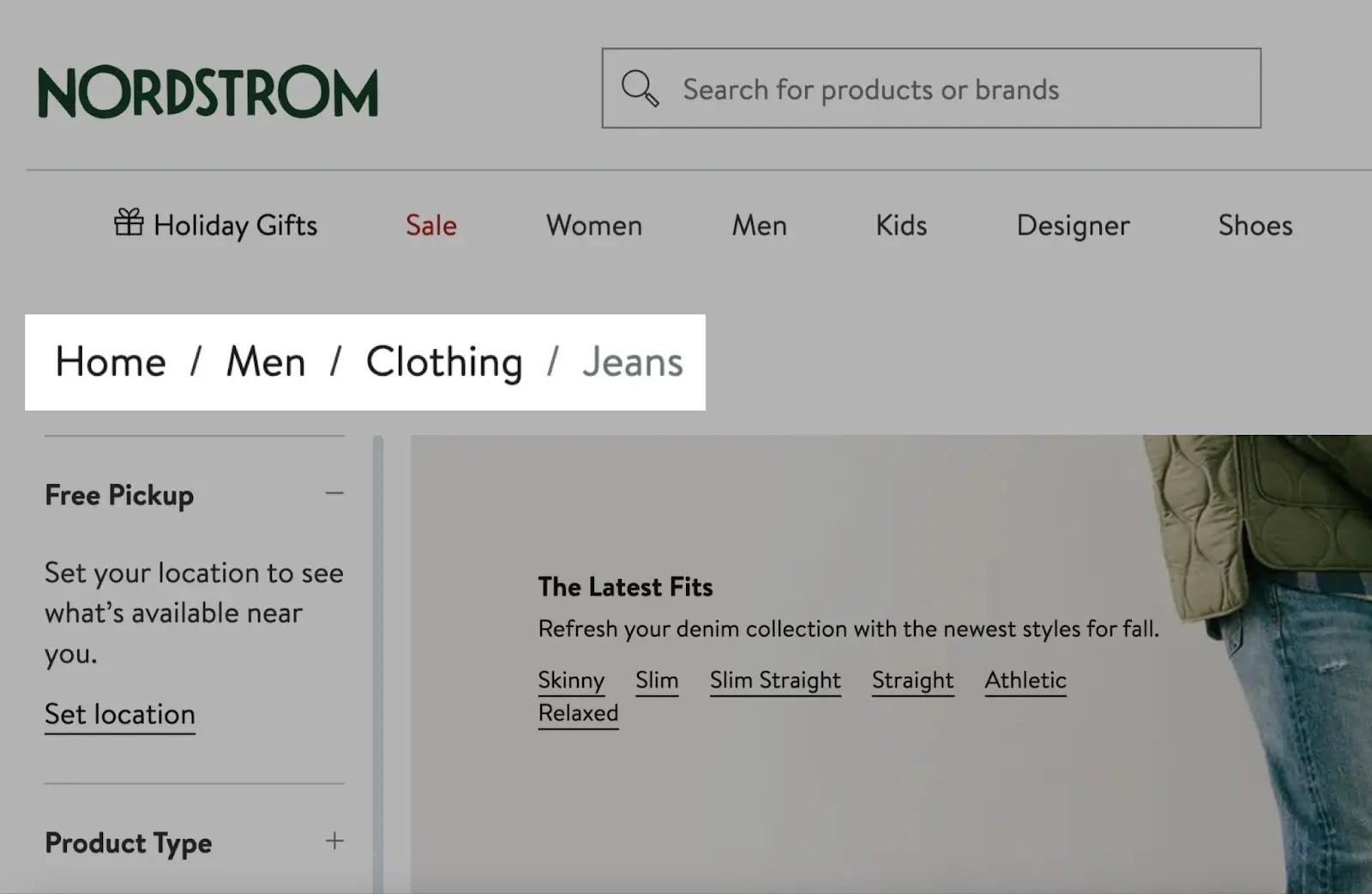 面包屑导航 on Nordstrom's website showing