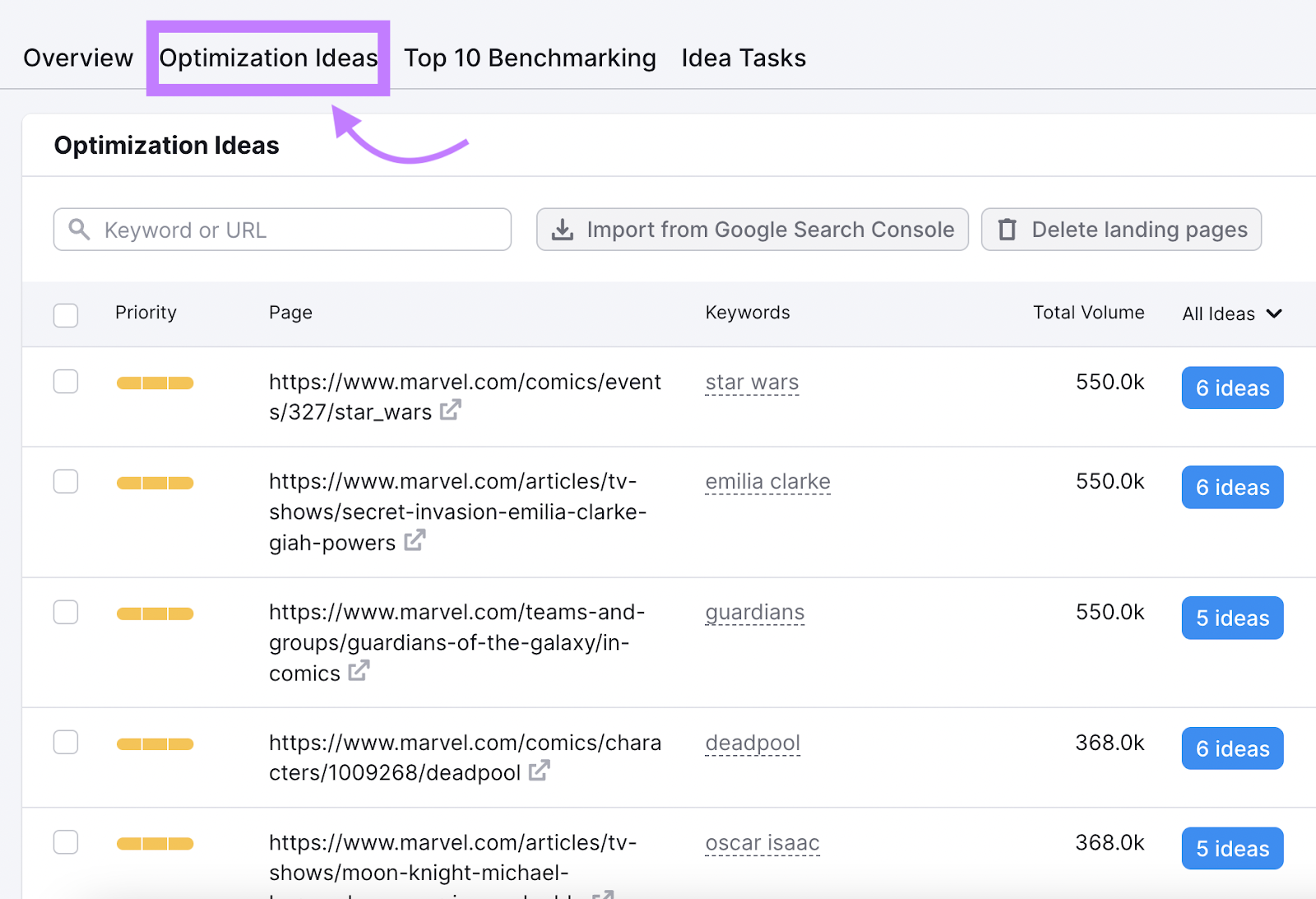 “优化思路” tab in 网页搜索引擎优化检查 shows a 名单 of pages you can optimize
