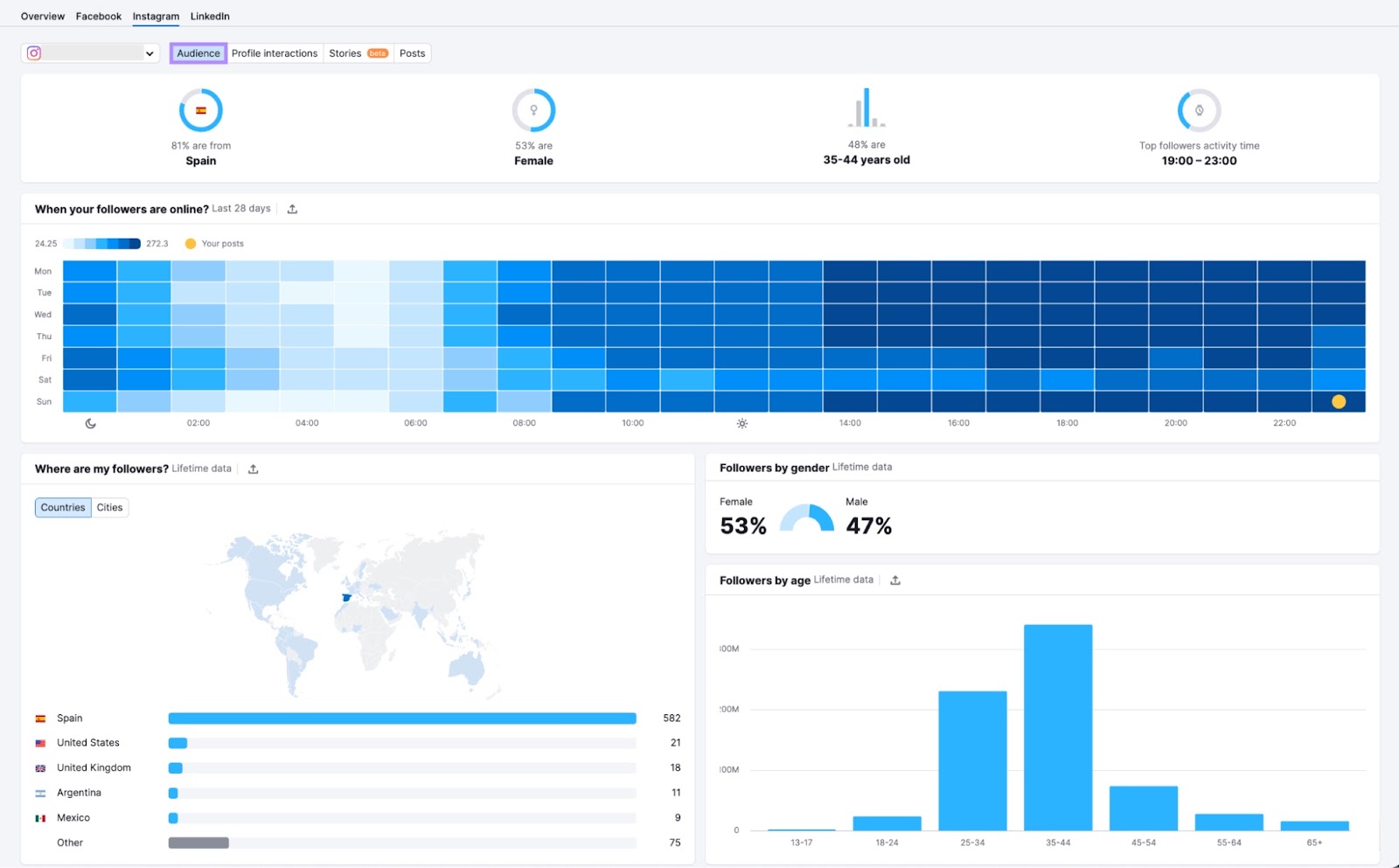 Instagram audience dashboard in 社会分析 tool