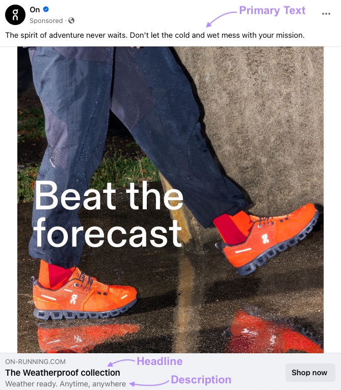 A Facebook ad from running shoe company On with primary text that reads 
