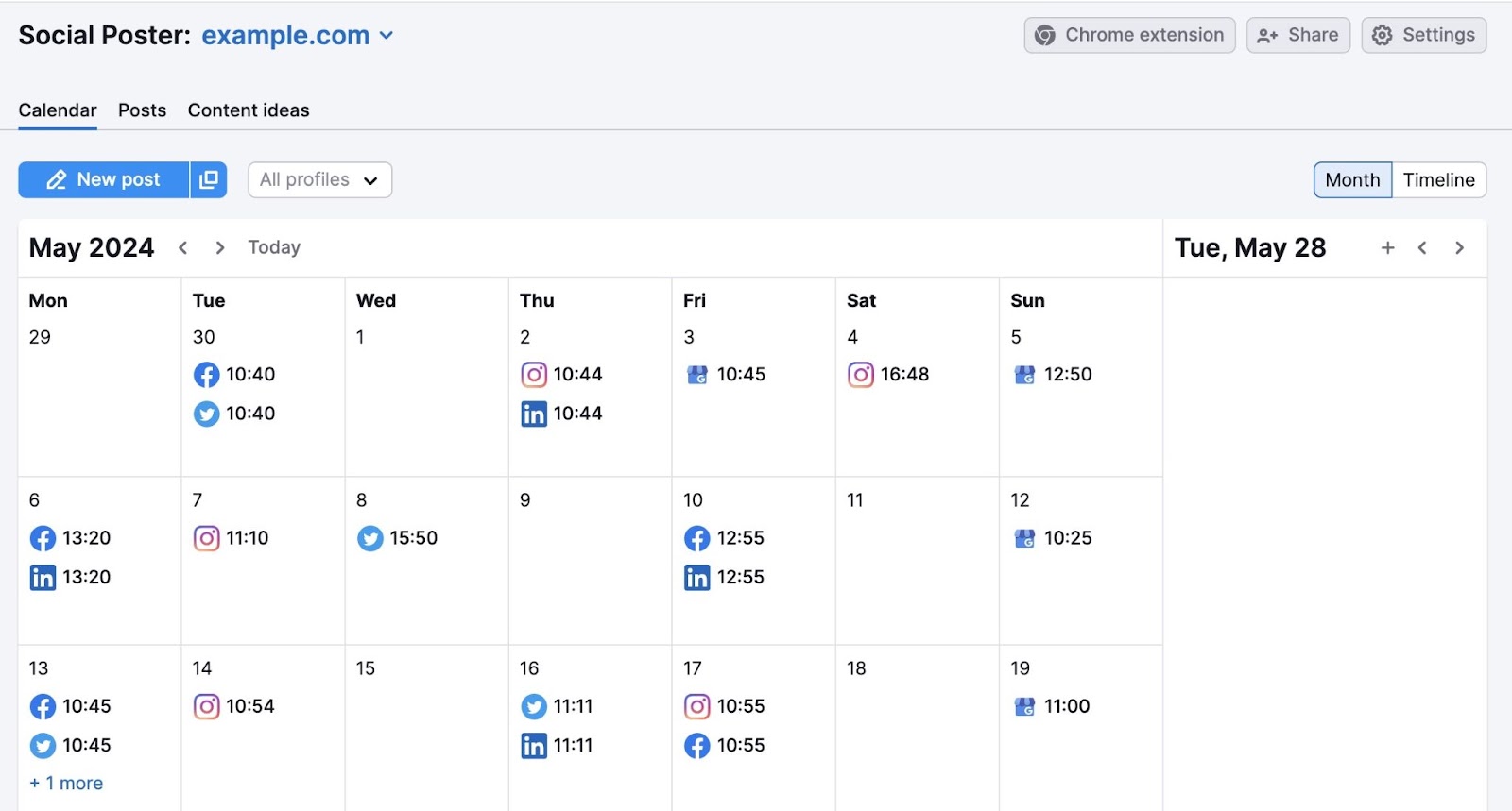 Calendar view on 社交海报 with posts scheduled across different social media platforms.