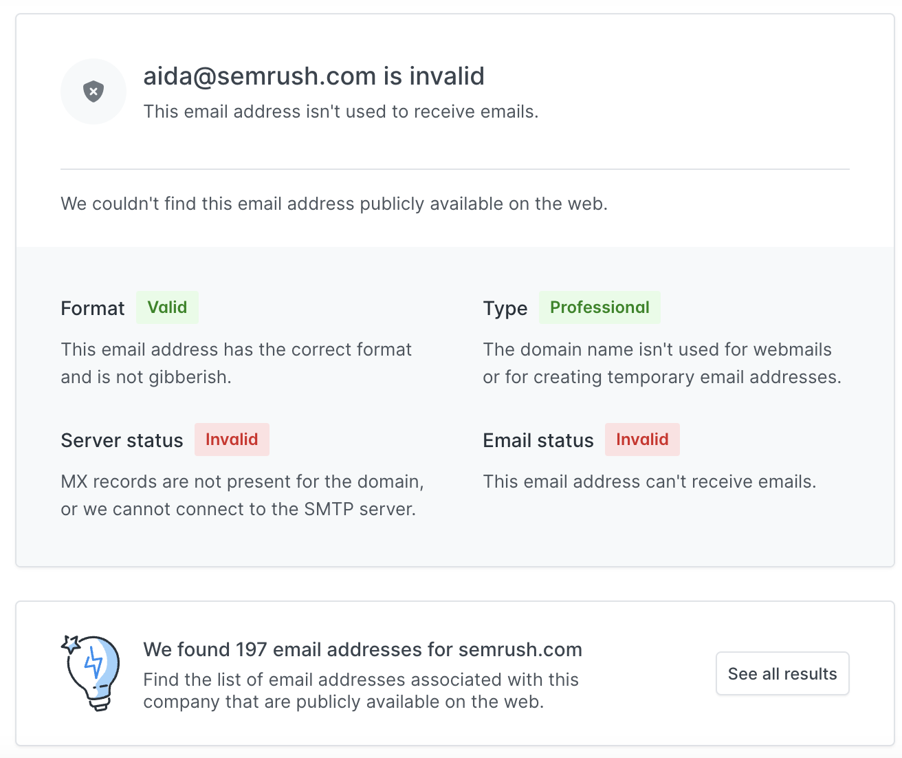 猎人's results for an invalid email address