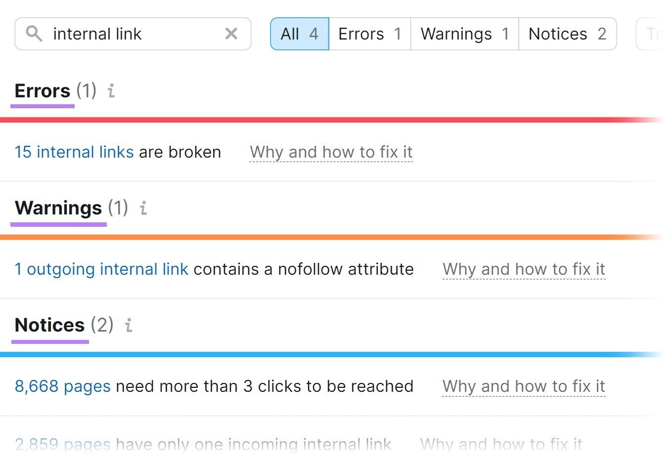 The issues in the 网站审核工具 include errors, warnings and notices