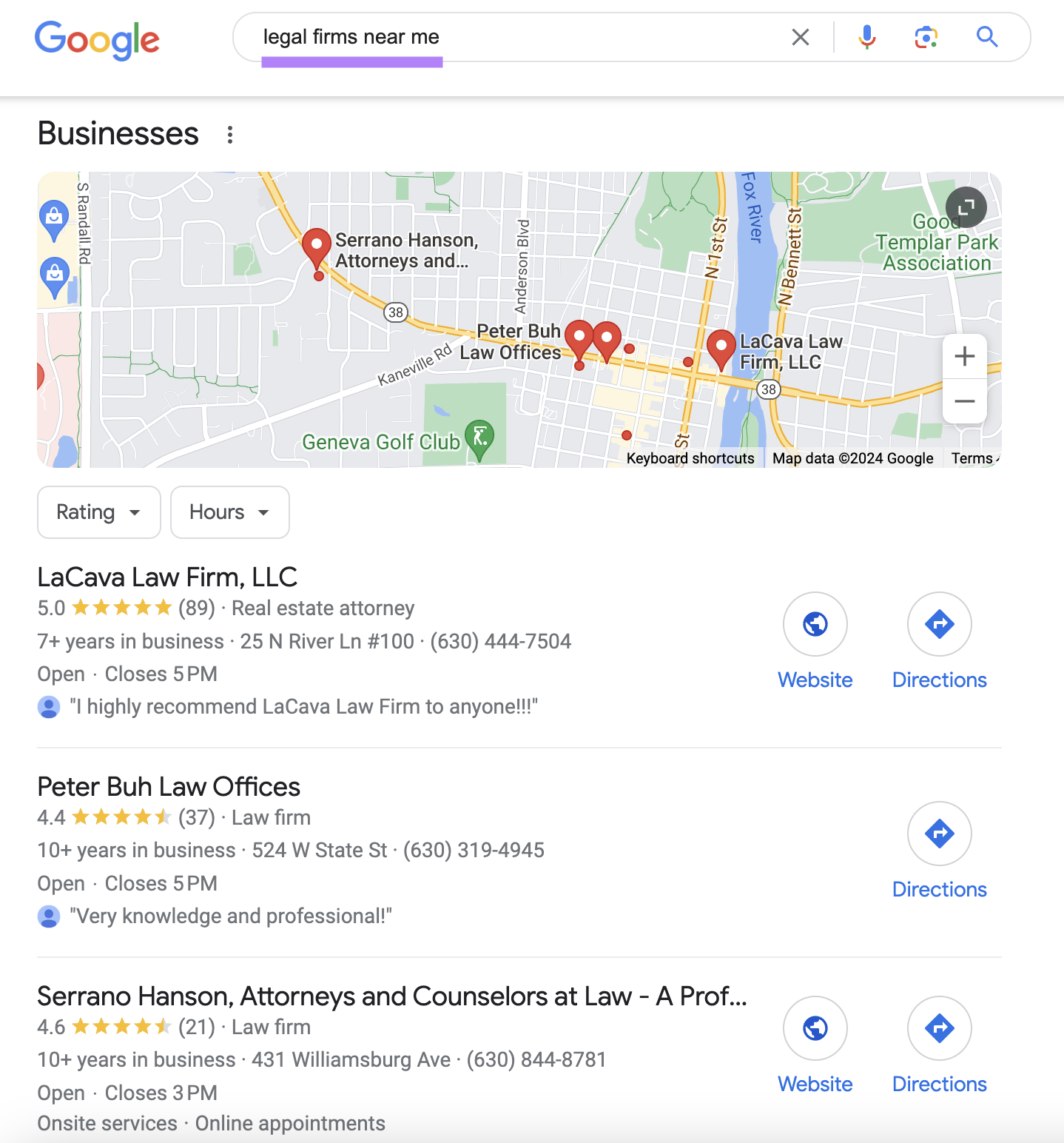 Google's local pack results for 