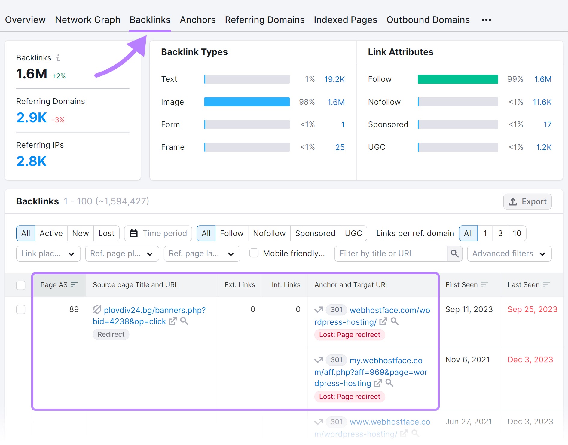 反向链接分析 backlinks tab