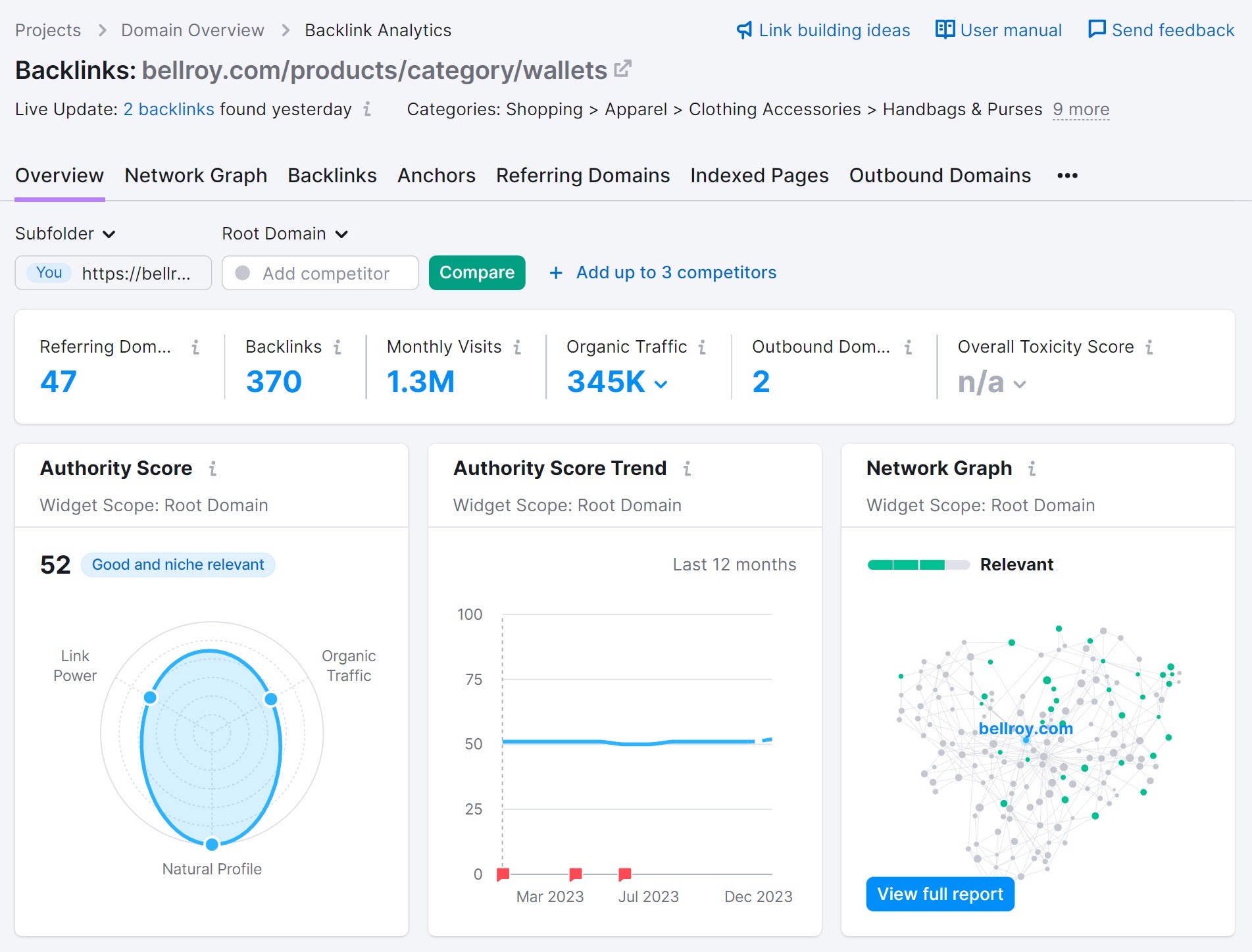 Results from 反向链接分析 showing domain authority and other stats