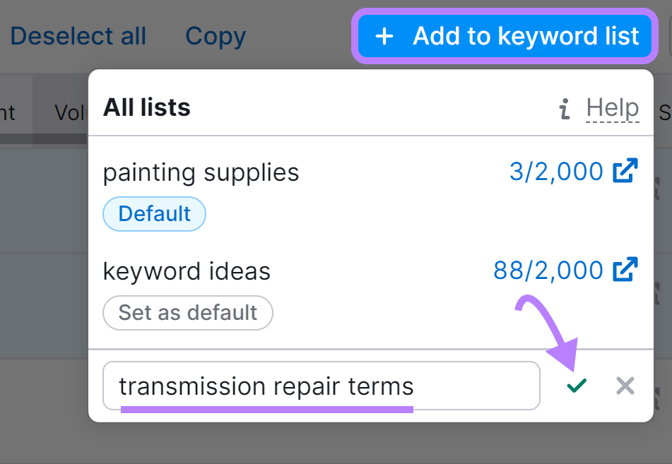 Adding selected keywords to a keyword list named