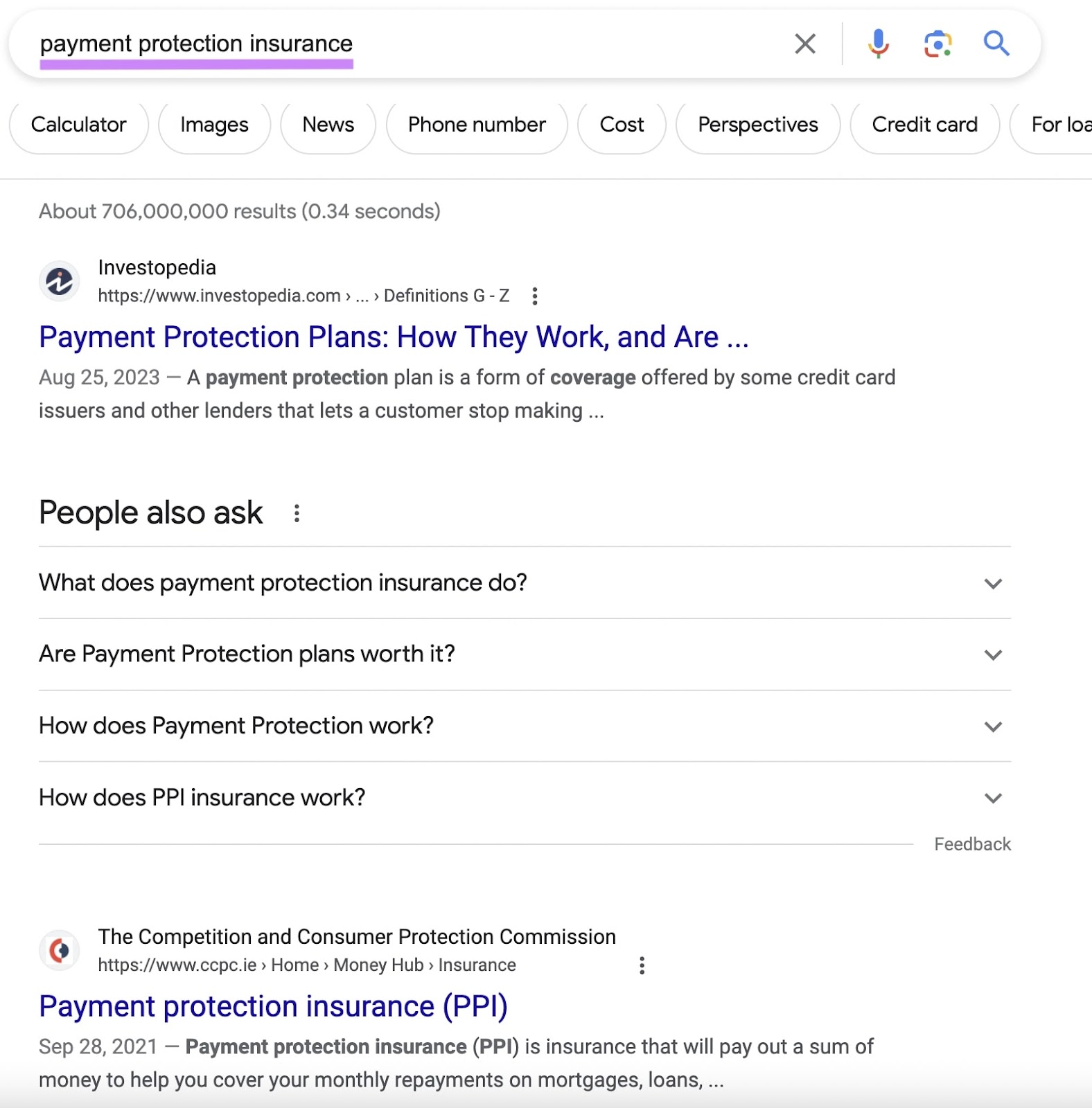 Google's SERP for “payment protection insurance