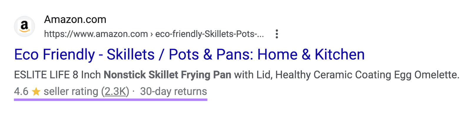 Amazon's rich snippet showing the product rating 和 return policy