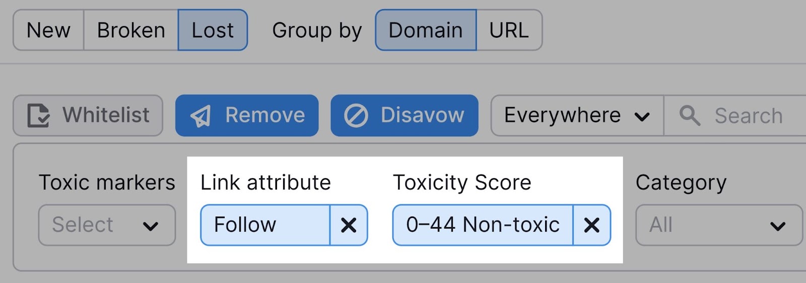 filtering the list to show follow links with 低毒性评分