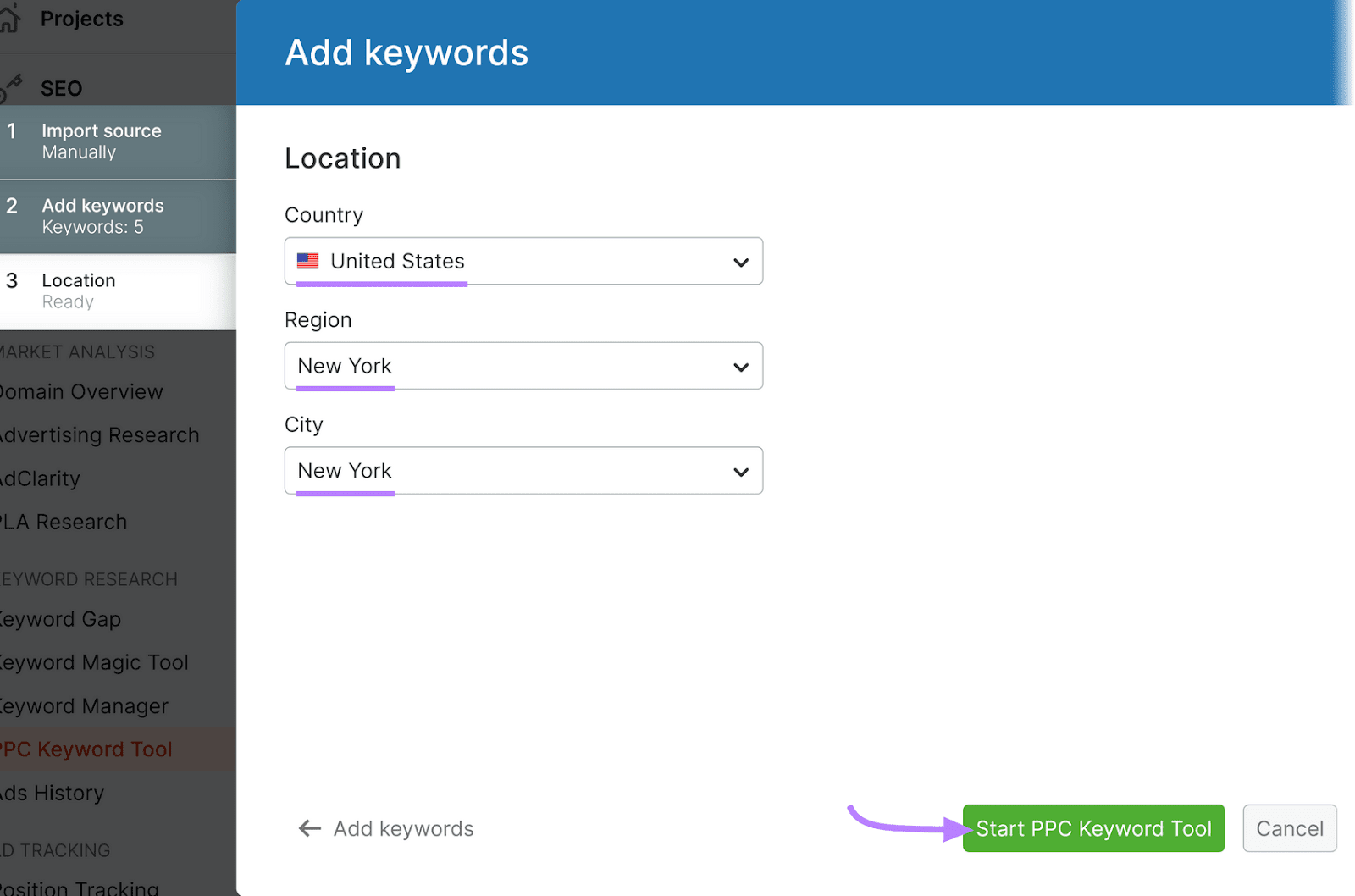 PPC关键字工具 interface for adding keywords with location fields and a 