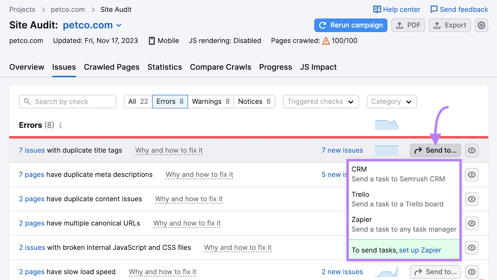 Send issues from 现场审核 to Semrush CRM, Trello board or 扎皮尔