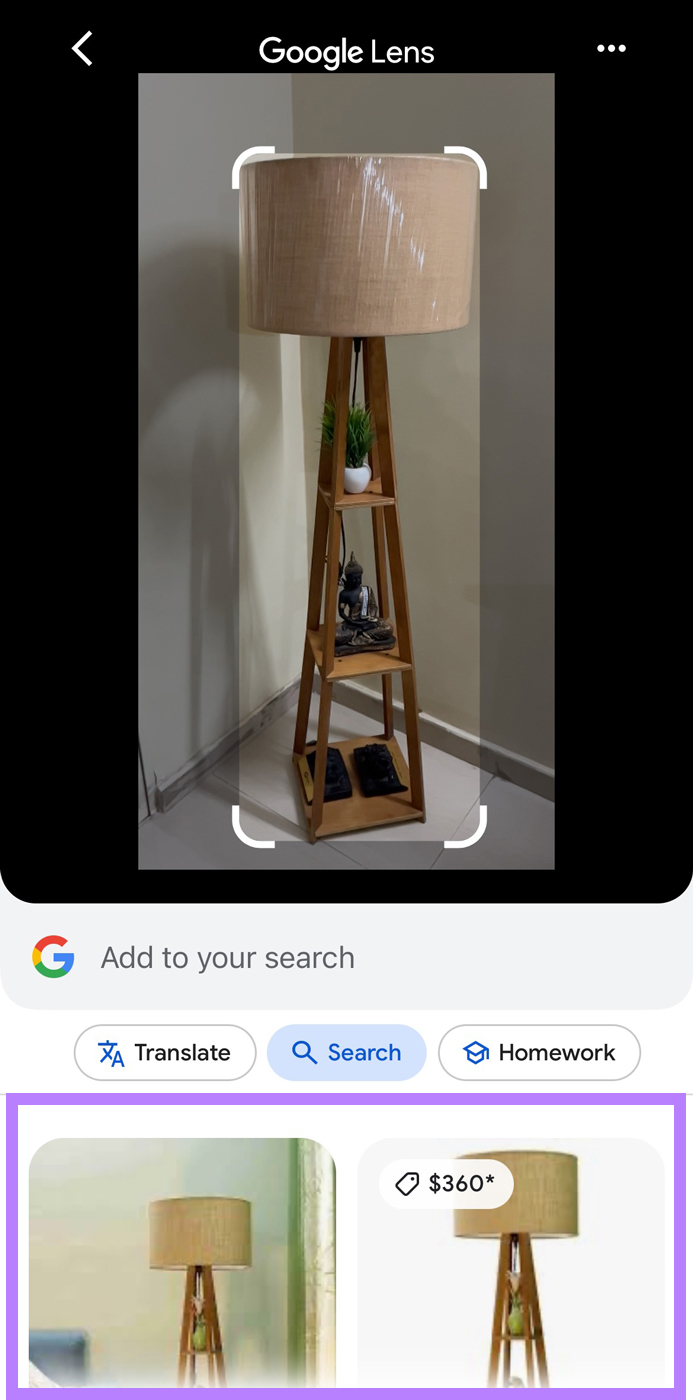 An image of a lamp uploaded to the 谷歌镜头, showing results below