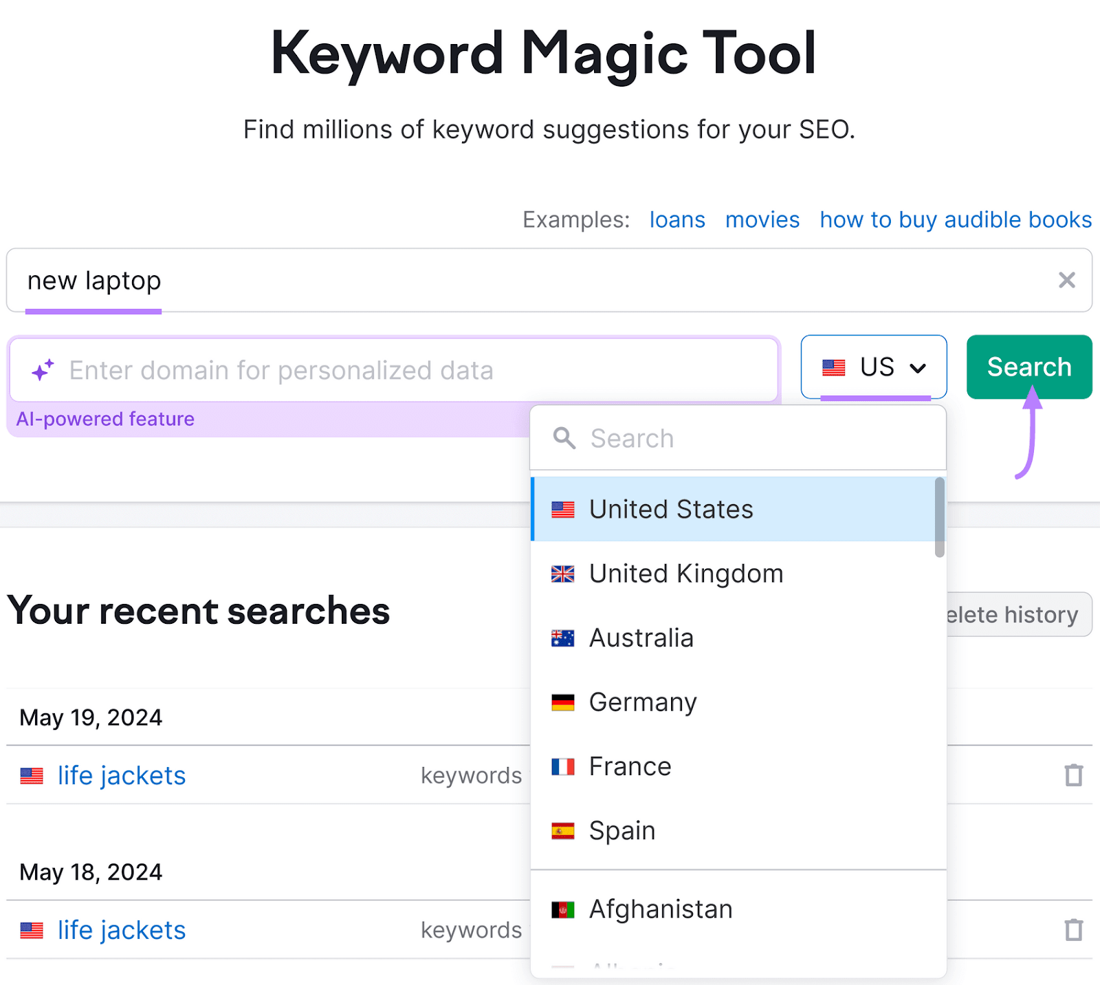 关键字魔术工具 with a search bar where 