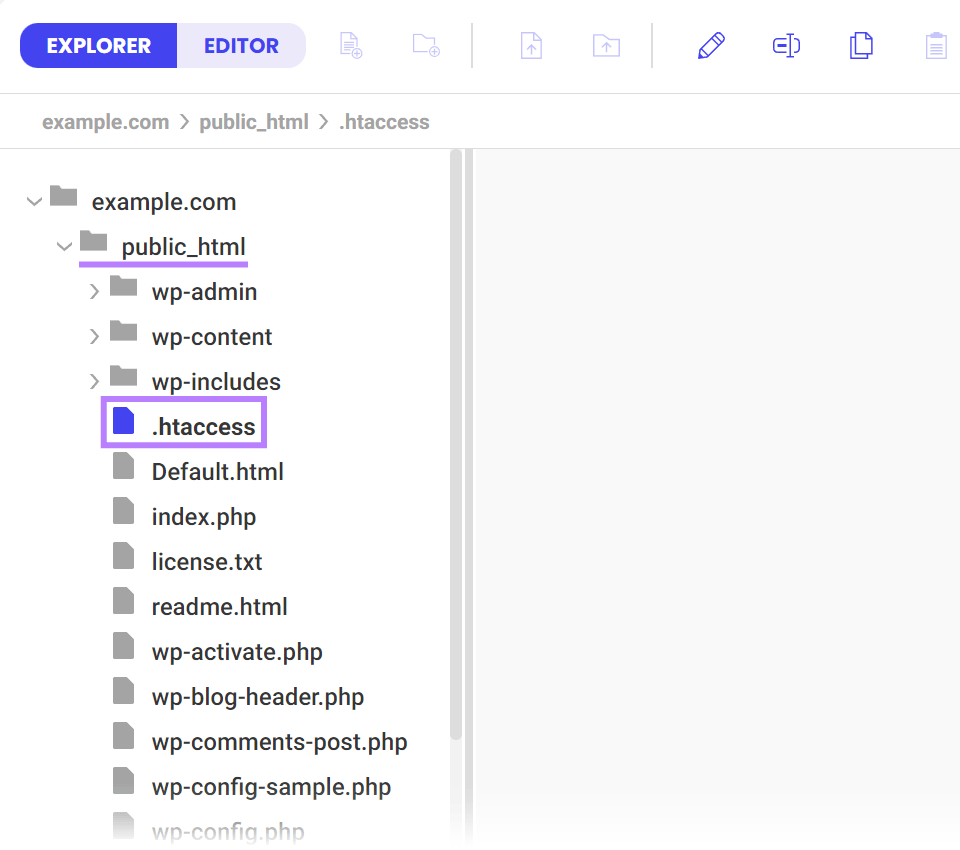 Website hosting file manager showing .htaccess的 file under the public_html root directory.