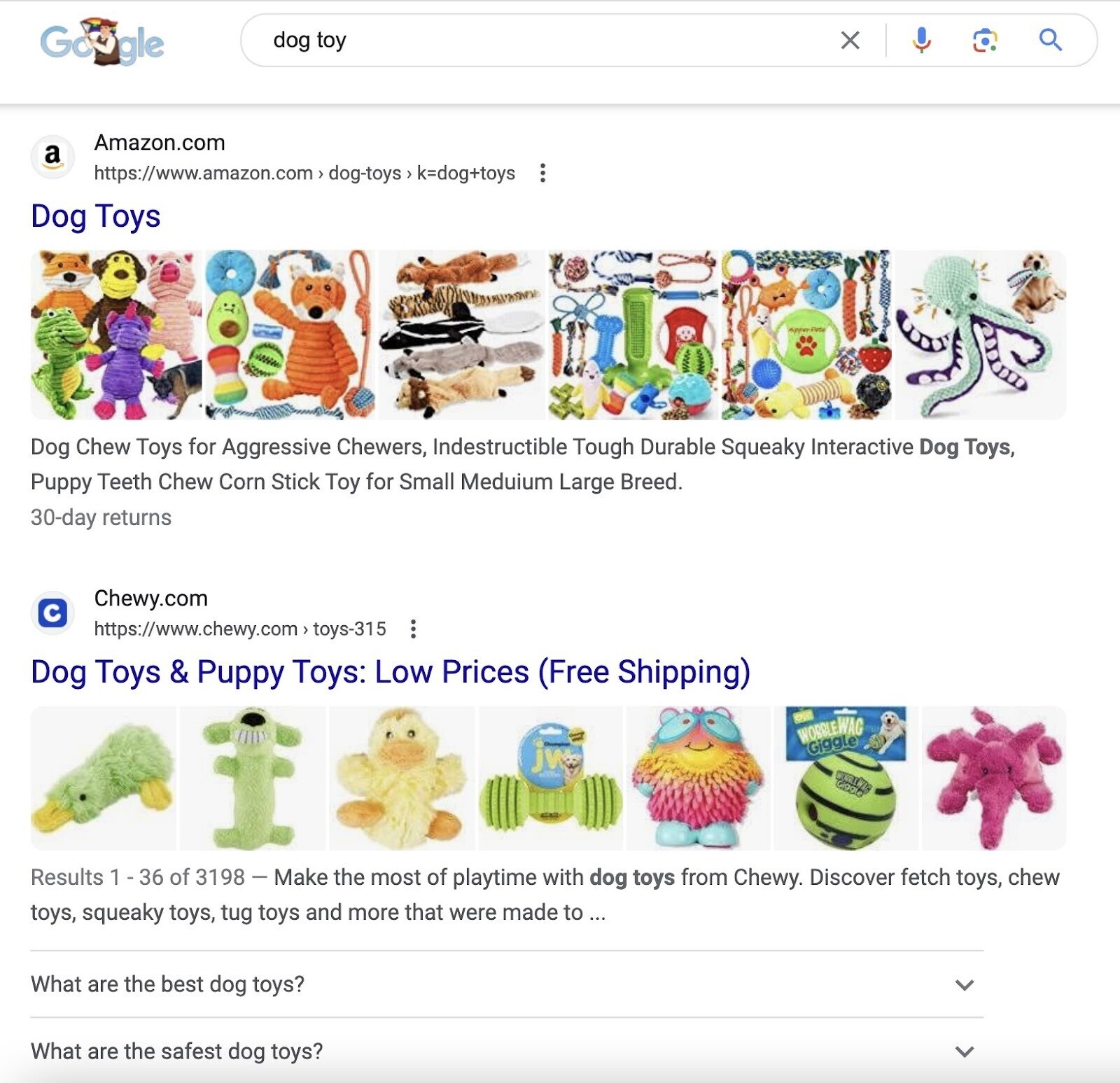 谷歌 results for a “dog toy”search