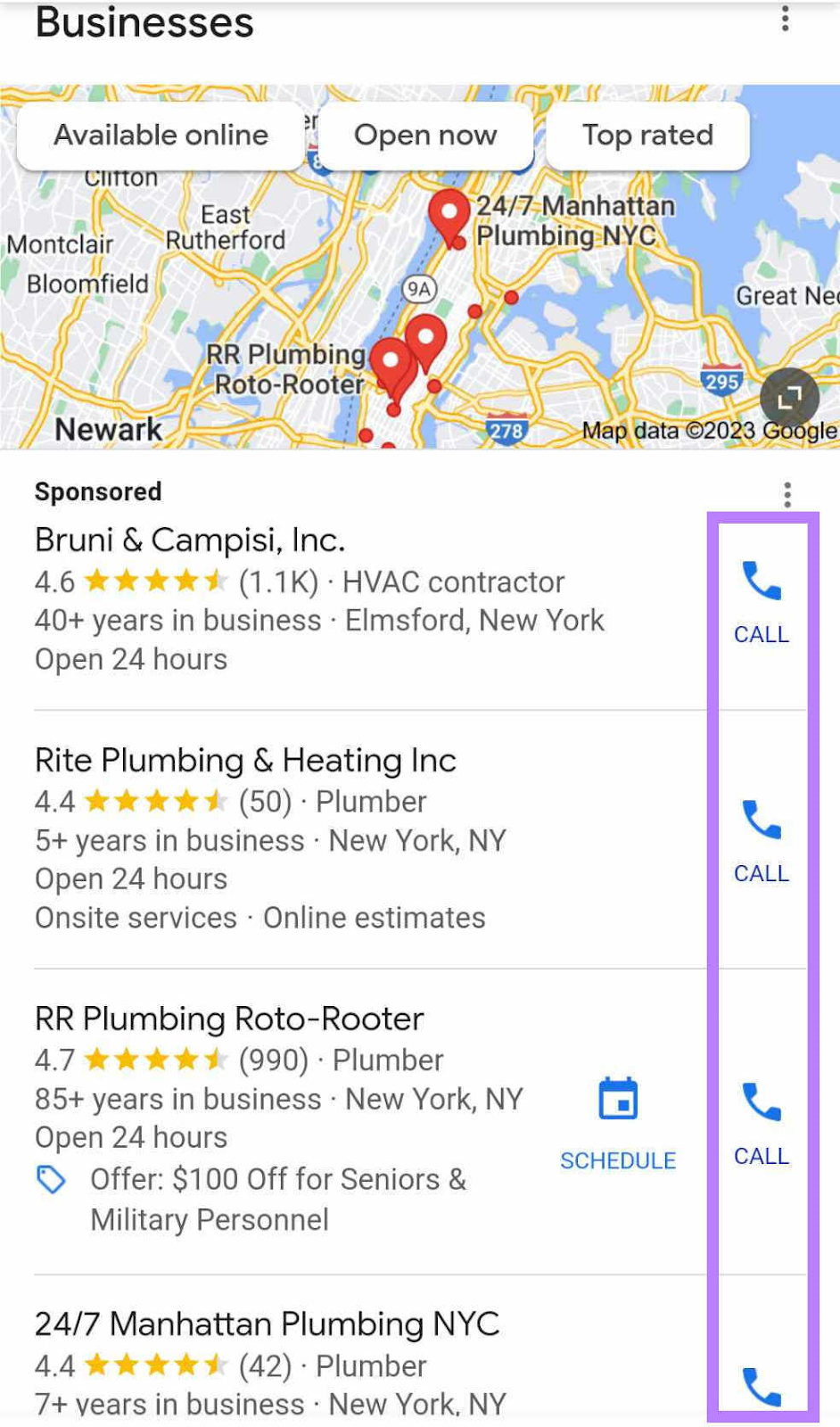 Tap-to-call buttons highlighted next to 谷歌 Business Profiles in local pack results