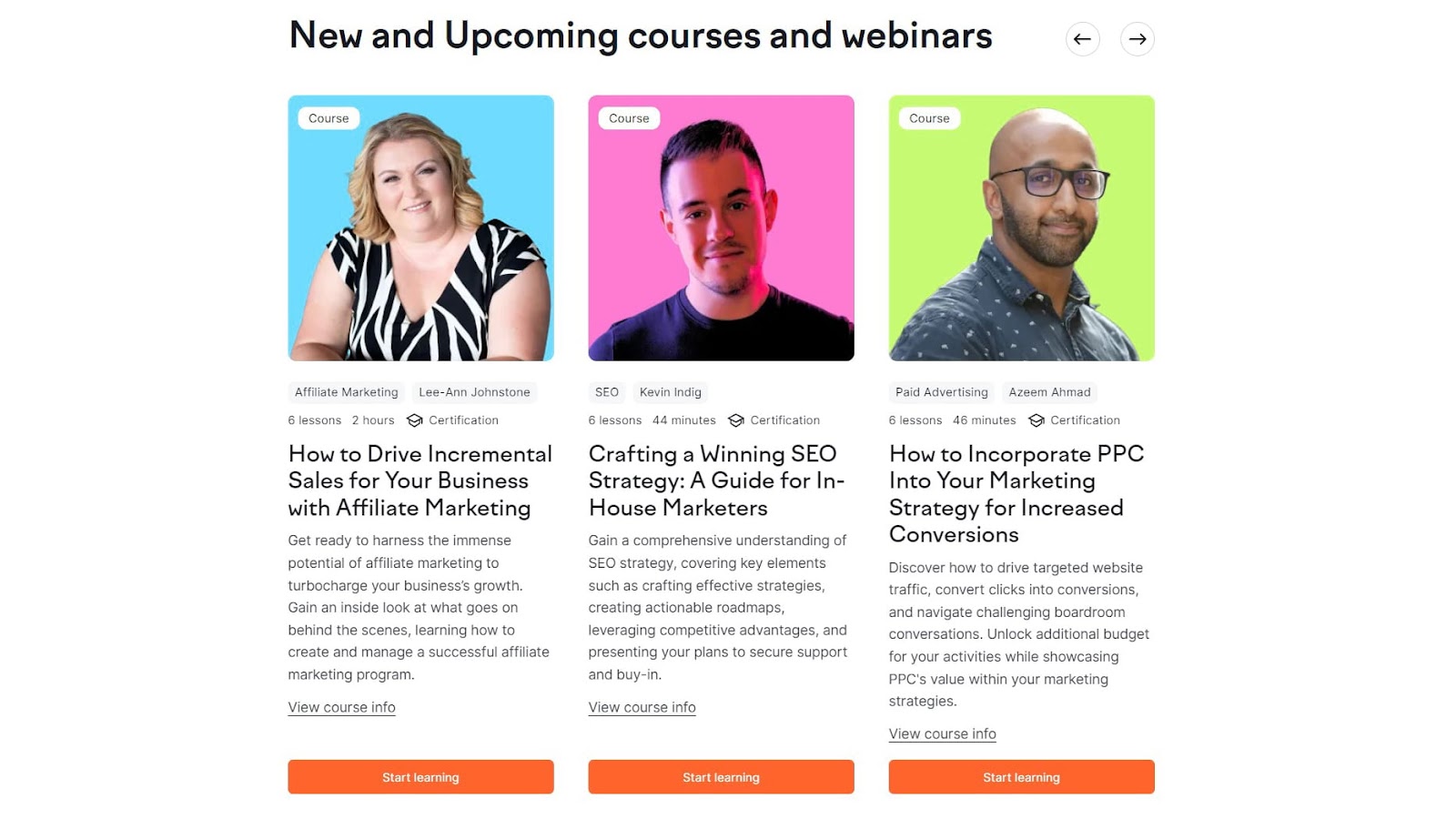 New和upcoming courses和webinars page on 塞姆鲁什学院