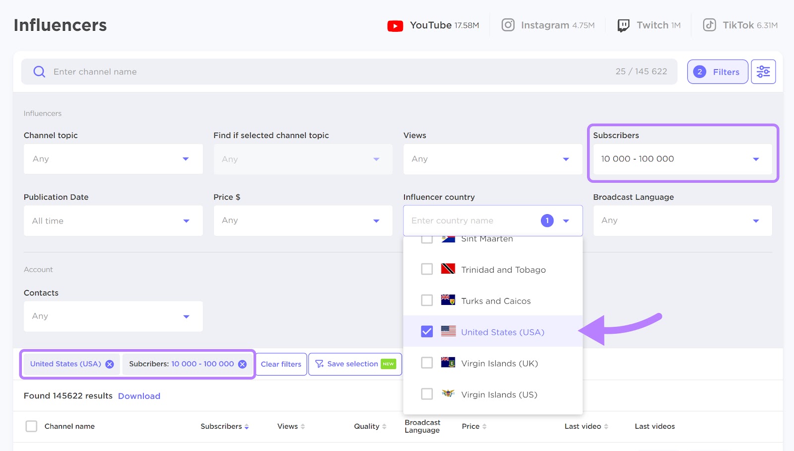 choosing influencers filters in the 影响者分析 tool