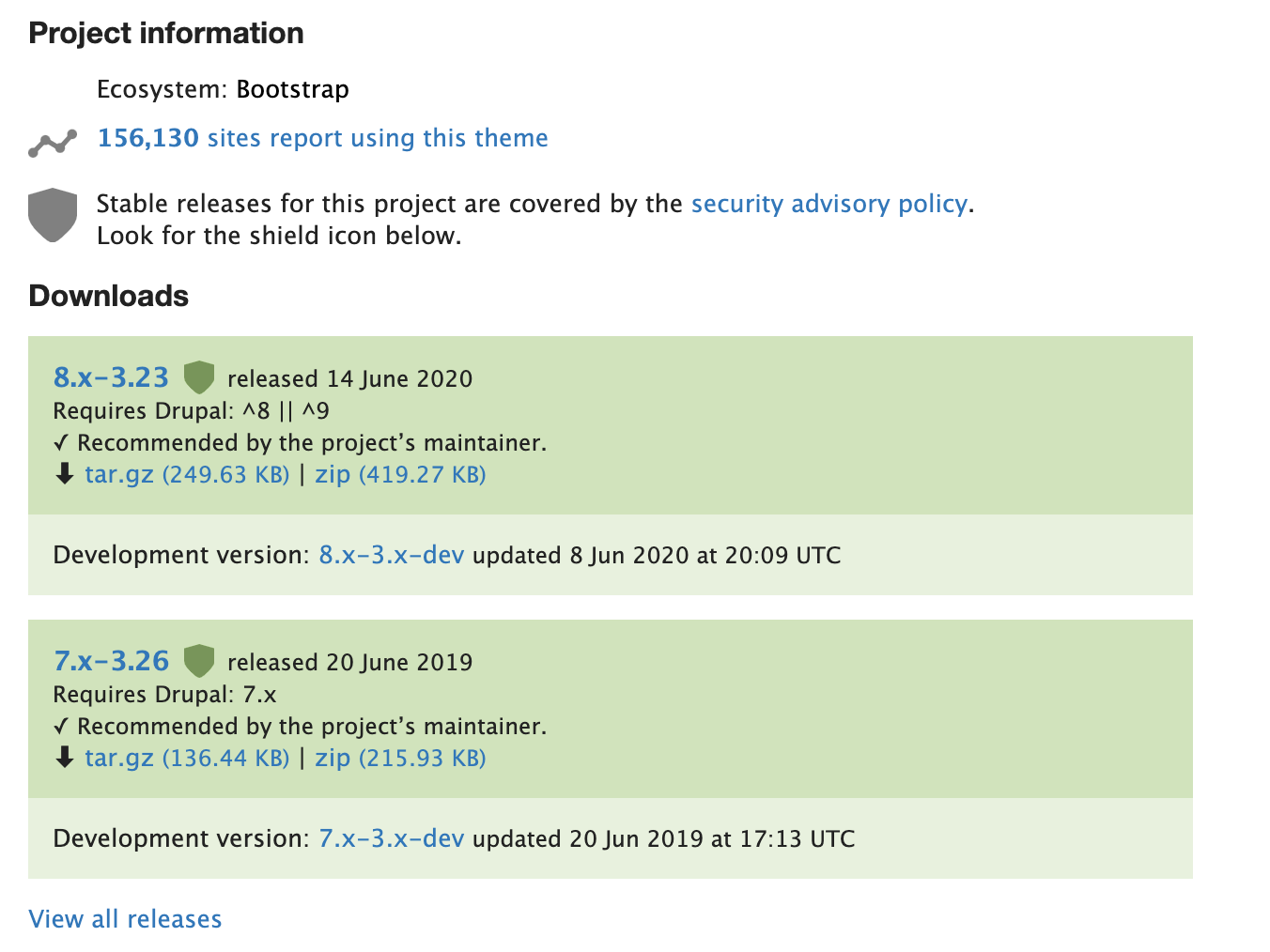 A screenshot of the project information screen for a plugin on on Drupal.org, showing the 保安 Advisory Policy logo.