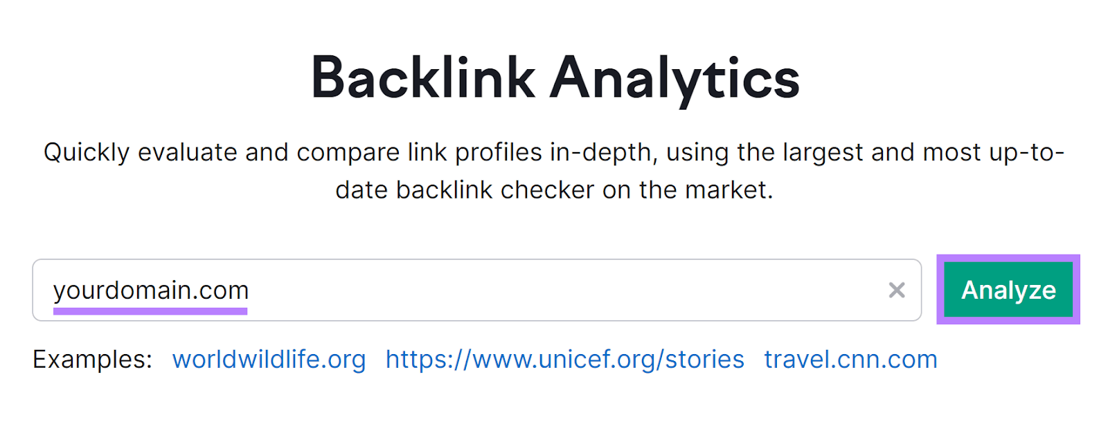 Semrush backlink analytics tool start with 'yourdomain.com' in input field and '分析,分析' button highlighted.