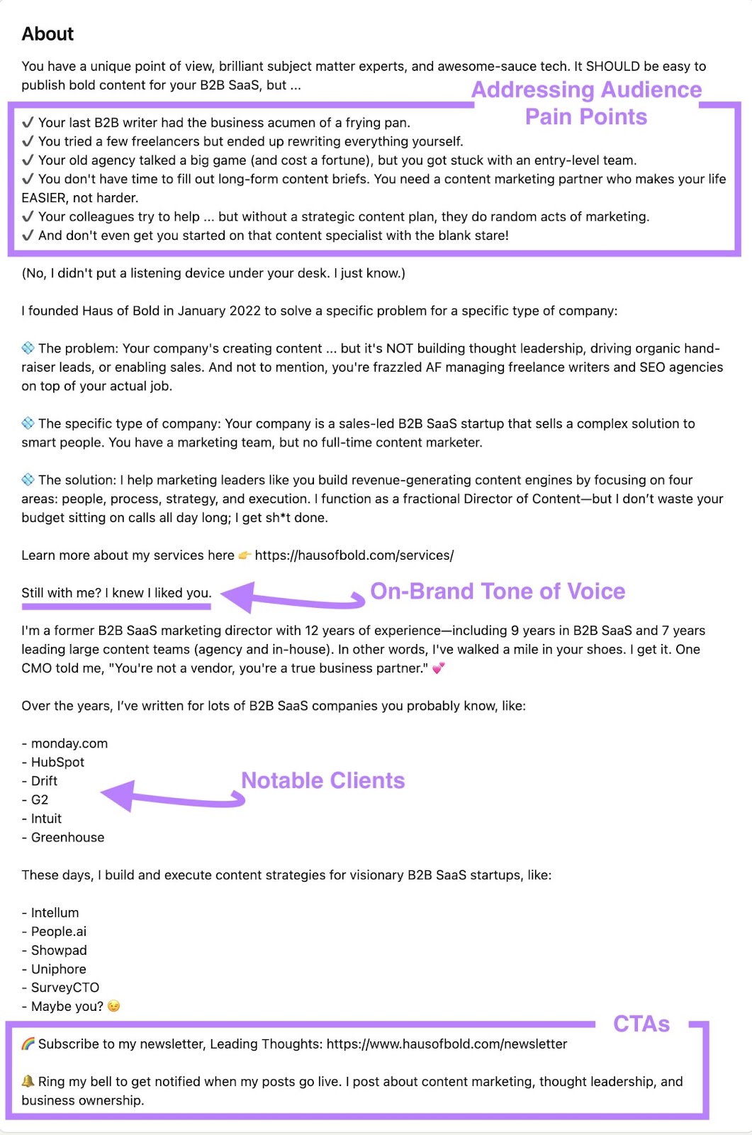 领英 About section of Erin Balsa with CTAs, notable clients, tone of voice, and pain points highlighted