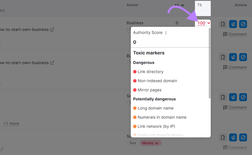 A drop-down menu showing domain's toxic markers in 反向审计 tool