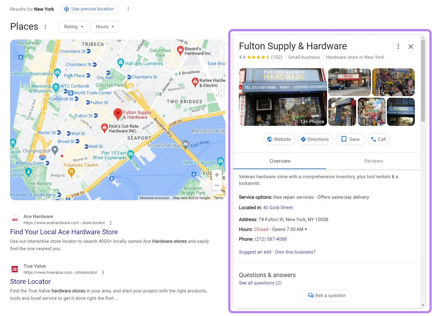 Google's business listing for 
