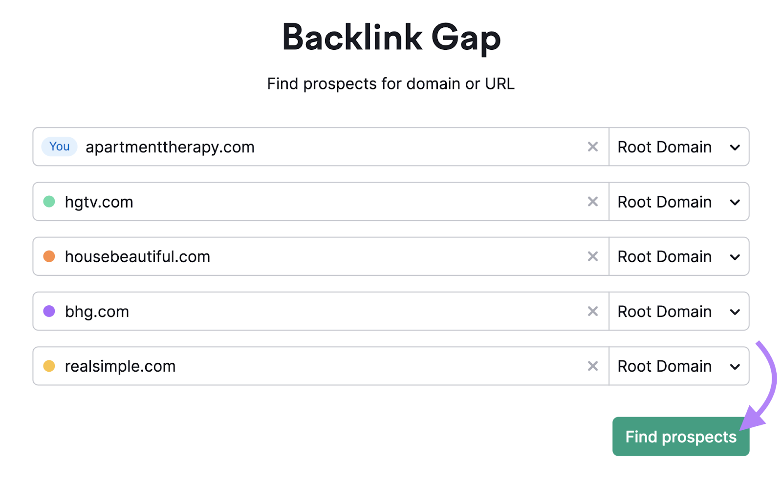 Enter yours and competitors’ domains to 反向链接间隙 tool