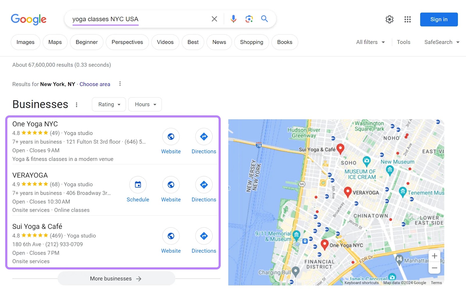 Google local pack results for “yoga classes NYC USA”query