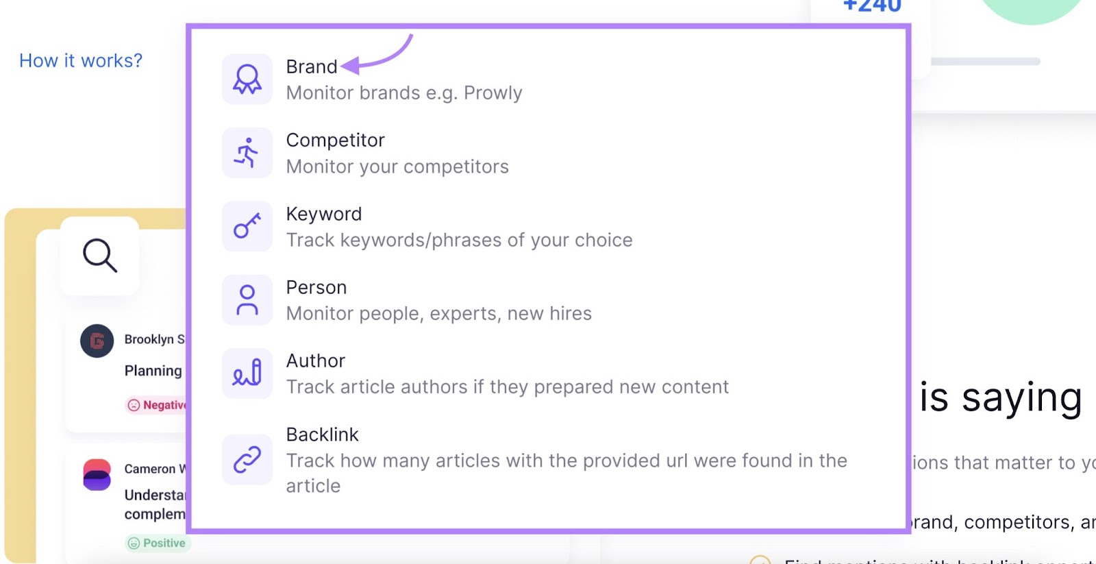 Options for '品牌监控 ' tool including brand, competitor, keyword, person, author, and 反向链接 etc. with '品牌' selected.