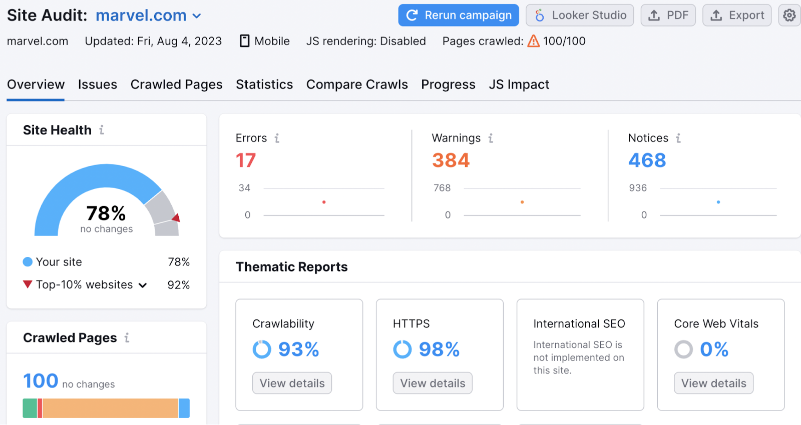 “Overview” tab in 现场审核 tool summarizes your website’s performance