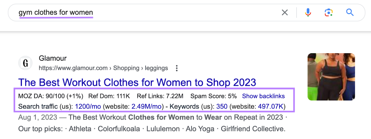 Glamour's results on Google SERP for 