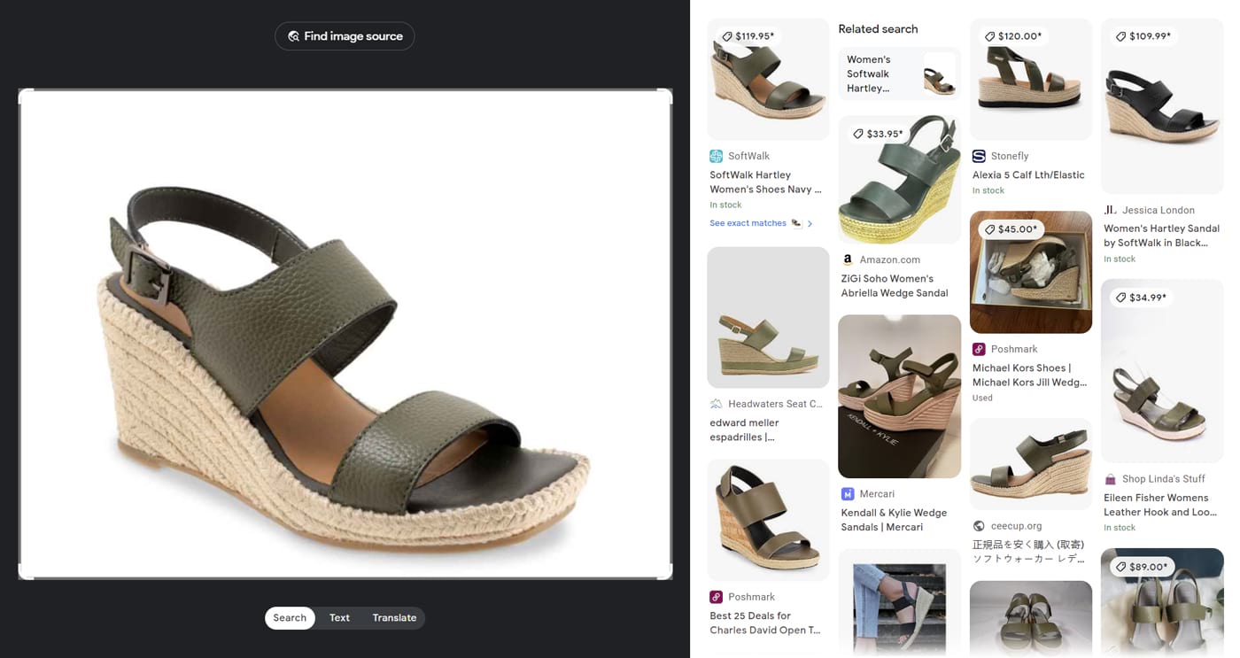 A search for a product image of a sandal with 谷歌镜头