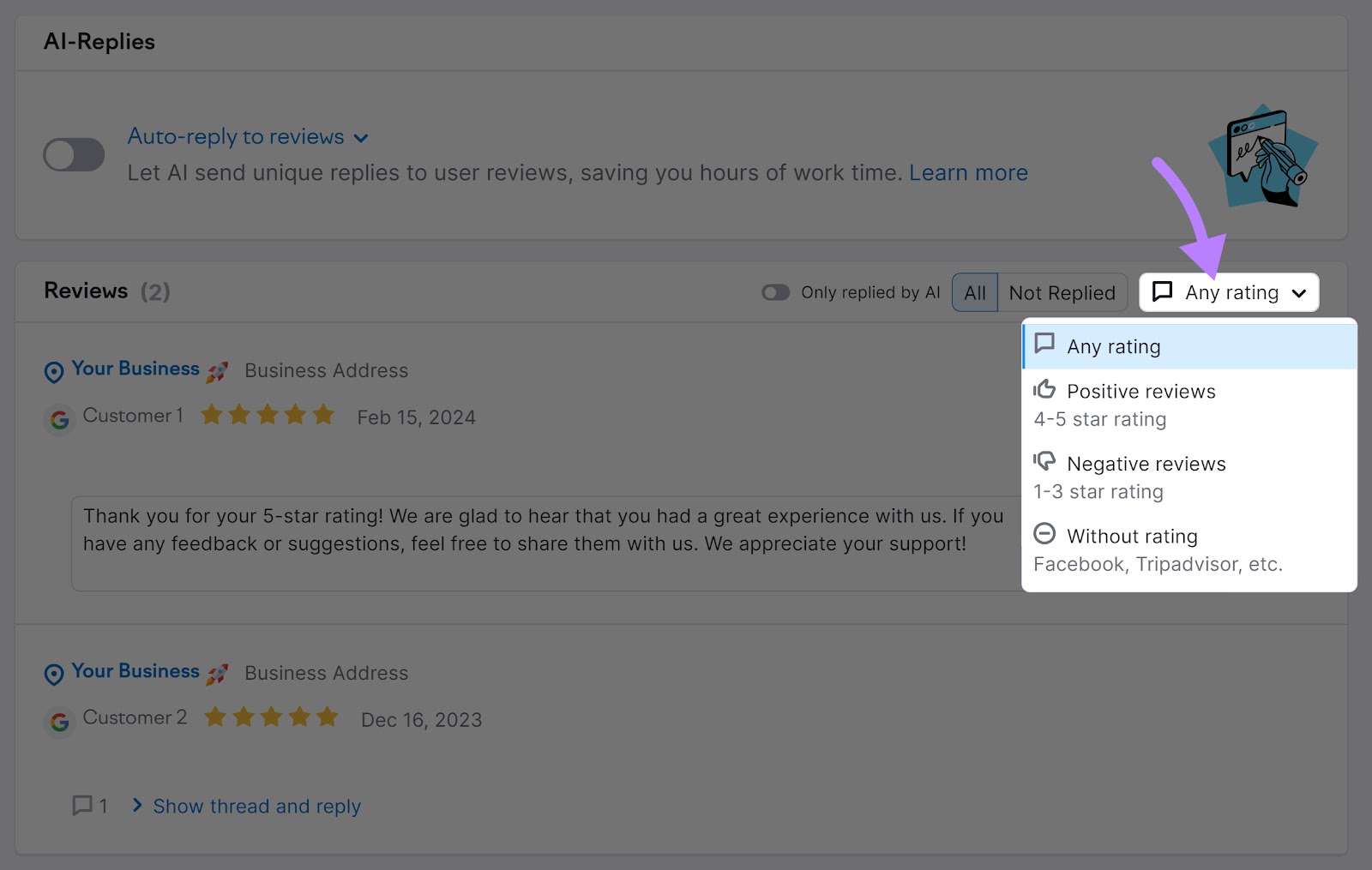Reviews section of the