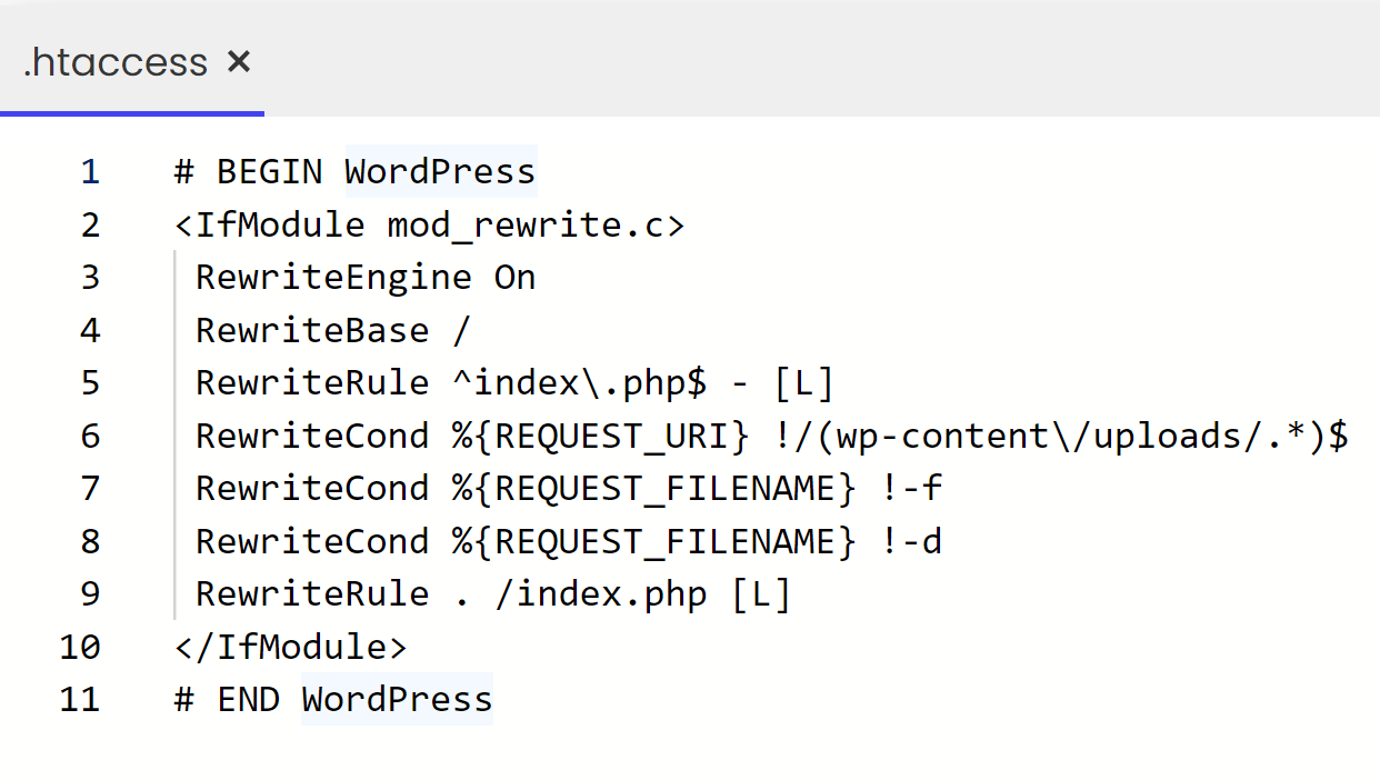 .htaccess的 file of a WordPress website showing various lines of code including rewrite rules and conditions.