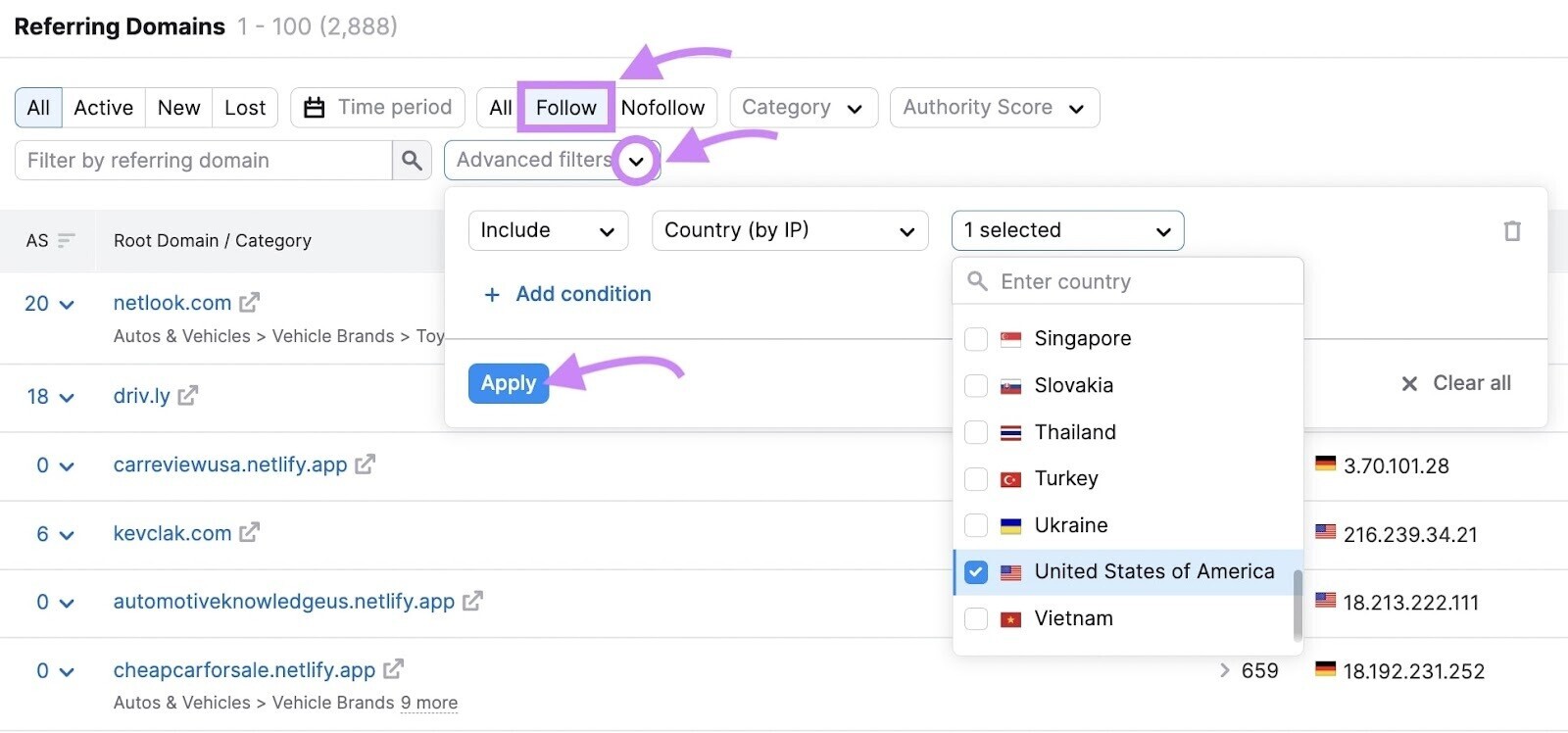 反向链接分析' filters highlighted