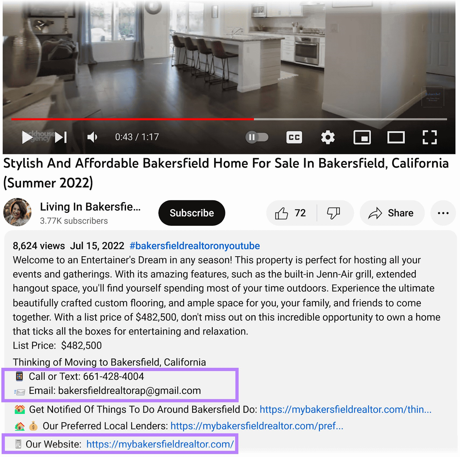YouTube description for property tour from 生活在贝克斯菲尔德 video