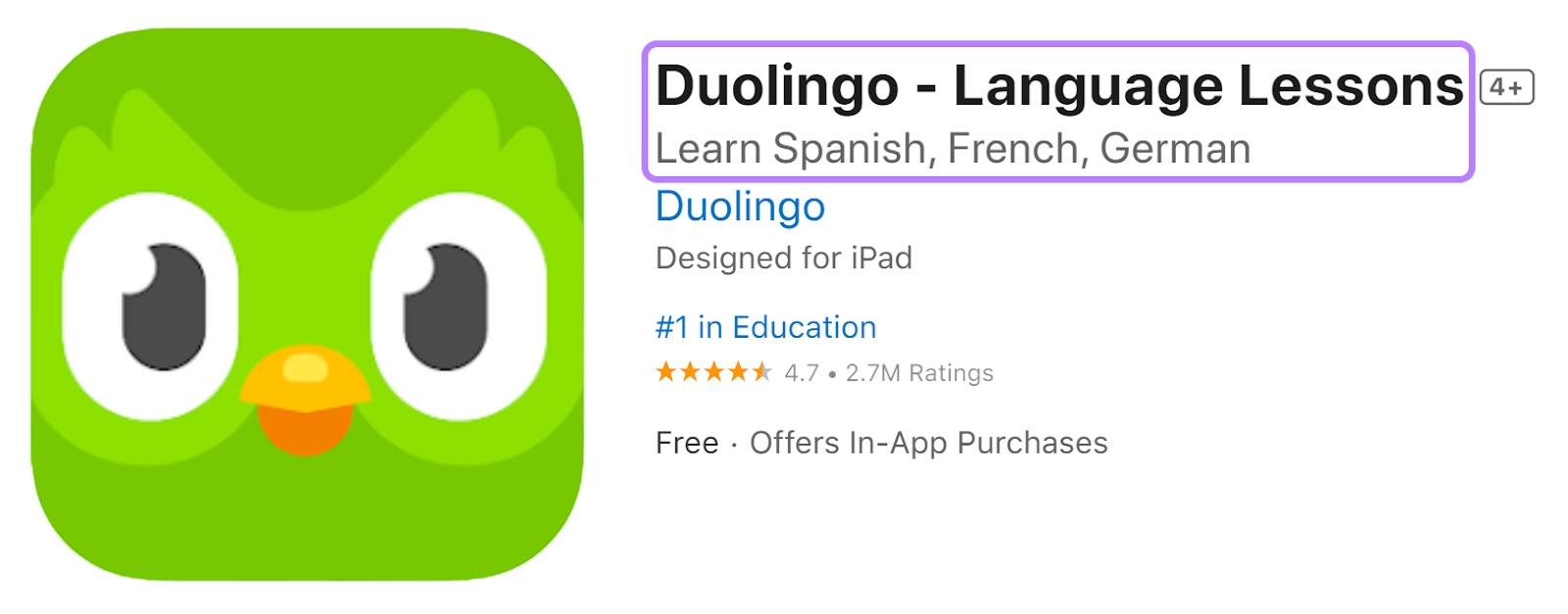 Duolingo's app title和subtitle that read