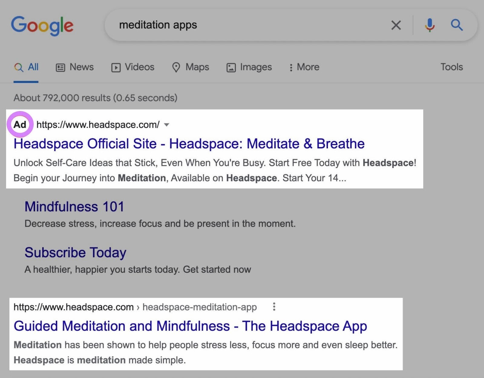 Google SERP shows both paid和organic results for “meditation apps” search