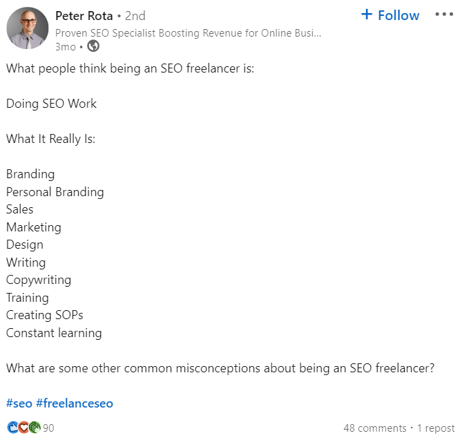 an LinkedIn帖子 from Peter Rota about what being SEO freelancer is