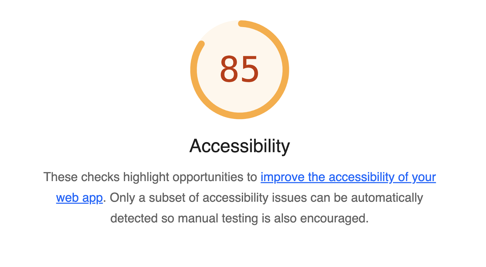 Accessibility test showing 85 in 谷歌灯塔