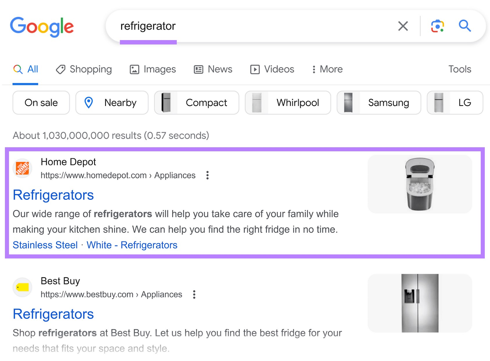 an example of 谷歌search results for