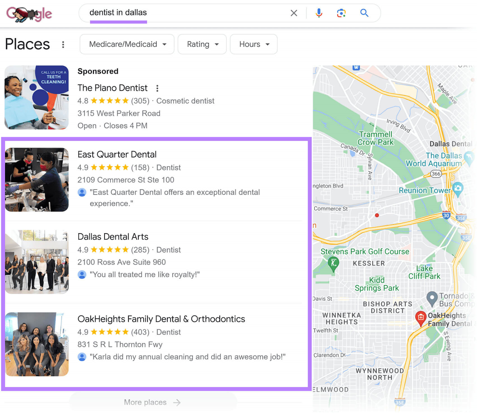 Google local pack results for