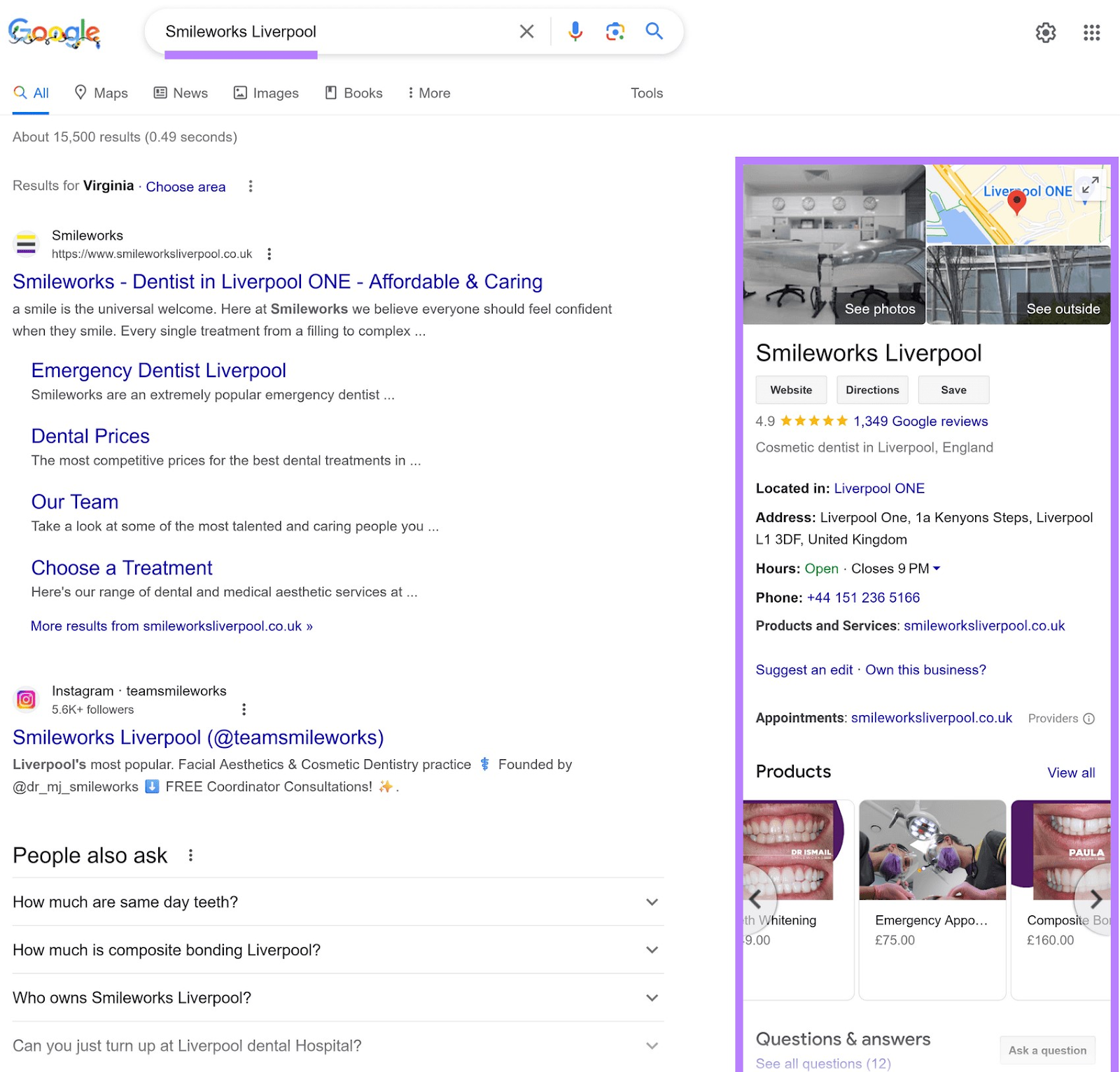 谷歌业务简介 for Smileworks Liverpool on SERP