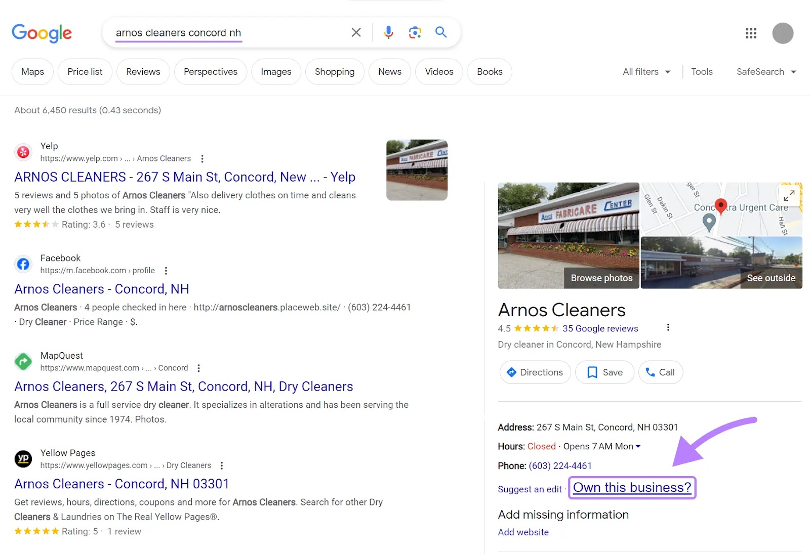 “Own this business?” link highlighted under 