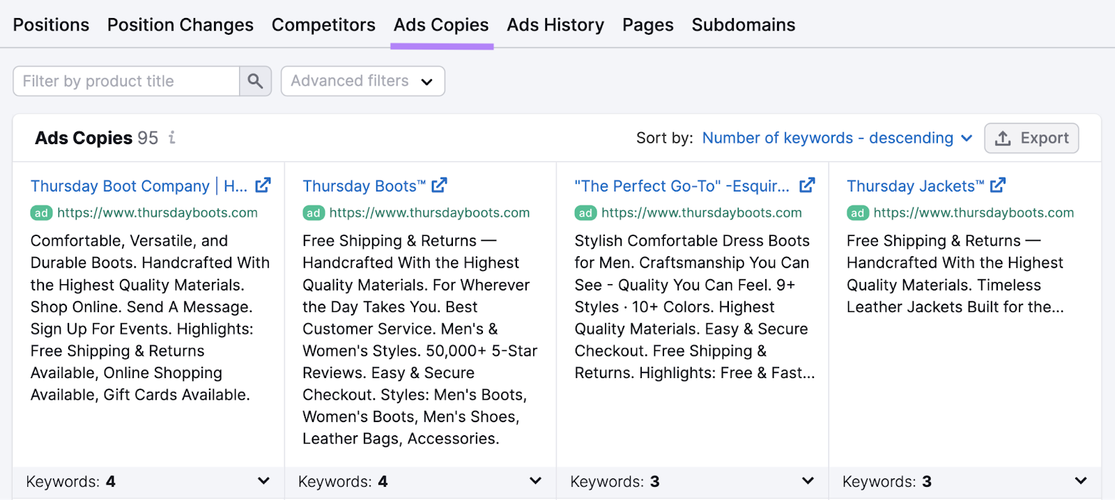 competitors' ads copies shown in 广告研究 tool