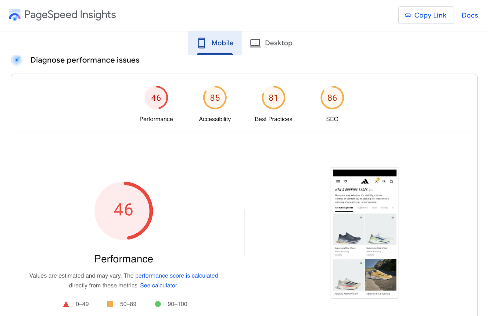 PageSpeed洞察 report