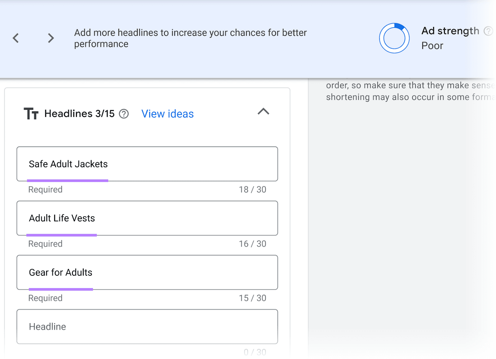 Ad creation interface showing 3 filled headline input fields higlighted with purple lines, and the heading 